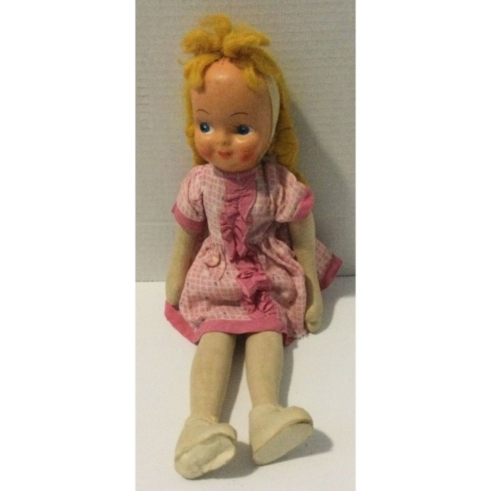Vintage 17” Cloth Sawdust Doll Celluloid Hand Painted Face Jointed Legs